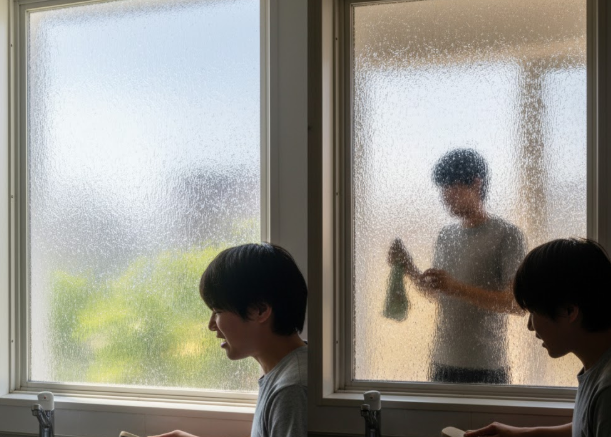 昼と夜で異なる型ガラスの見え方